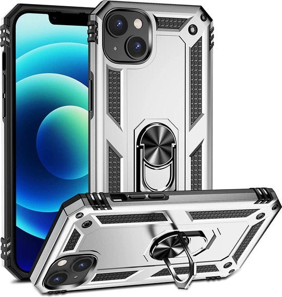 iPhone 14 Hoesjes – Anti-Shock Hybride Ring Armor Backcover – Schokbestendig – Zilver-Ilumina Benelux
