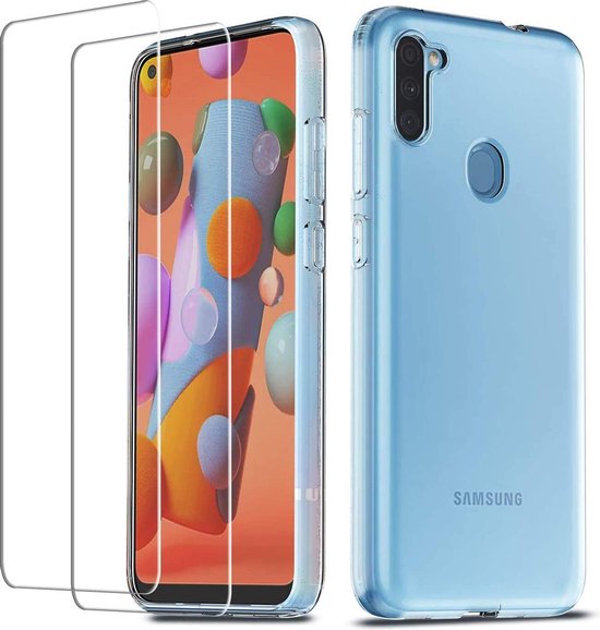 Samsung Galaxy M11 Hoesjes – TPU Siliconen Backcover – Transparant – Inclusief 2x Gehard Glas Screenprotector – Anti-kras-Ilumina Benelux