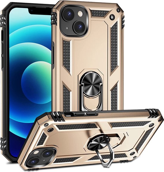 iPhone 14 Hoesjes – Anti-Shock Hybride Ring Armor Backcover – Schokbestendig – Goud-Ilumina Benelux