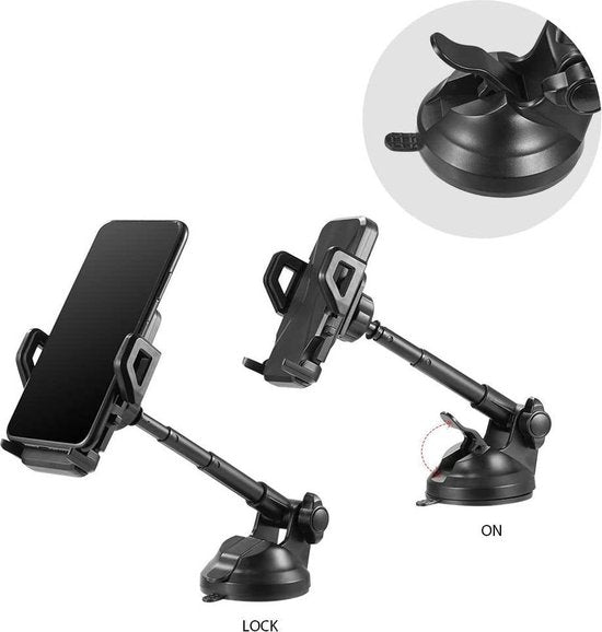 Telefoonhouder auto – Dashboard/Voorruit – 360° draaibaar – Telescopische arm – One Touch Release – Zwart-Ilumina Benelux
