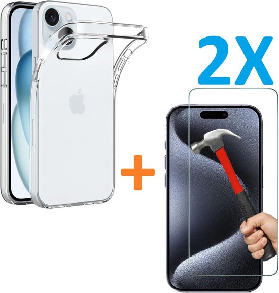 iPhone 15 Plus Hoesjes – Soft TPU Siliconen Backcover – Transparant – 2x Gehard Glas Screenprotector – Anti-kras-Ilumina Benelux