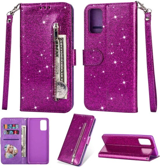 Samsung Galaxy S20 FE Hoesjes – Glitter Portemonnee Case – Rits – Koord – Pasjeshouder – Paars-Ilumina Benelux