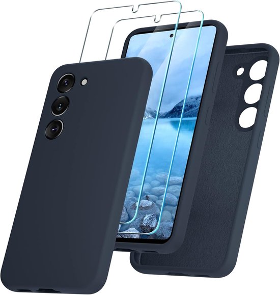 Shockproof Backcover - Liquid Silicone Soft Hoesje + 2x Screenprotector - Geschikt voor: Samsung Galaxy A15 - Navy Blauw