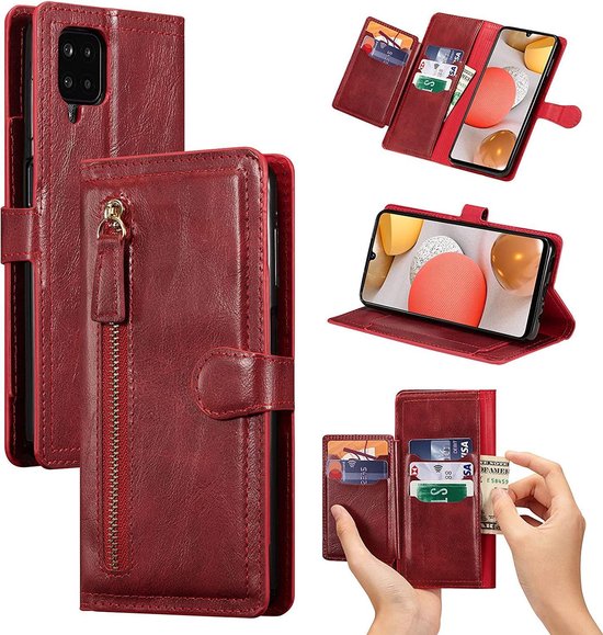 Samsung Galaxy A12 Hoesjes – Bookcase met Ritssluiting – 5 Pasjeshouder – Rood-Ilumina Benelux