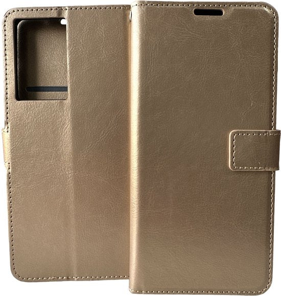 Motorola Moto G200 5G Hoesjes – Portemonnee Book Case – Magneetsluiting – 2x Screenprotector – Goud-Ilumina Benelux