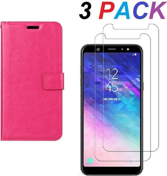 Samsung Galaxy J4 Plus 2018 Hoesjes – Portemonnee Hoes – Pasjeshouder – 2x Gehard Glas Screenprotector – Roze-Ilumina Benelux