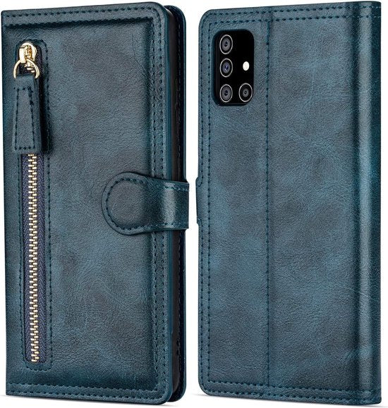 Samsung Galaxy A03s Hoesjes – Bookcase Portemonnee Hoes – Ritssluiting – 5 Pasjeshouder – Blauw-Ilumina Benelux