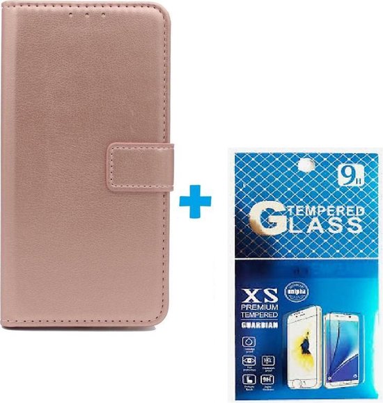 Portemonnee BookCase Hoesje + 2 Pack Screenprotector Glas Geschikt voor: Samsung Galaxy J6 2018 - Roségoud