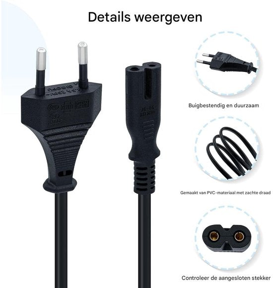 c7 kabel - 1,5 m zwarte stroomkabel - C7-draad Euro-stekker - C7 2-pins stroomkabel - stroomkabel 2 aderig - geschikt voor PS5 / PS4 / PS3 / Xbox Series X/S - zwart