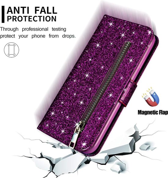 Sparkly Glitter Wallet Hoesje met Rits & Koord Geschikt voor: Samsung Galaxy S10E - Paars
