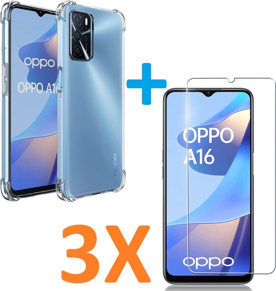 Oppo A16/A16s/A54s Hoesjes – Siliconen Backcover – Schokbestendig – Transparant + 3 Pack Screenprotector Gehard Glas – Anti Kras-Ilumina Benelux