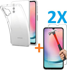Samsung Galaxy A25 Hoesjes – Transparante Siliconen Backcover – 2x Screenprotector Gehard Glas – Anti Kras – Transparant