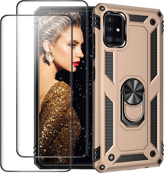Telefoonhoesje Geschikt voor: Samsung Galaxy A51 hoesje Schokbestendige ring armor met 2X Screenprotector - goud