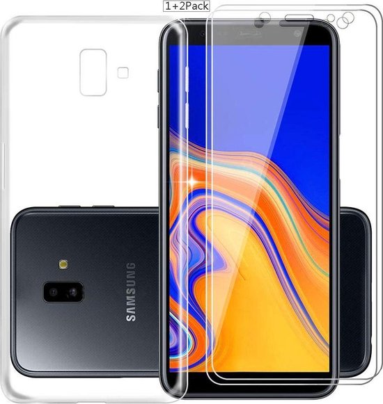 Samsung Galaxy J6 Plus 2018 Hoesjes – Transparante TPU Siliconen Backcover – 2x Screenprotector Gehard Glas – Anti-kras-Ilumina Benelux