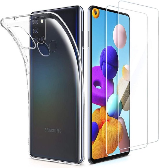 Samsung Galaxy A21S Hoesjes – Transparante Siliconen Backcover – 2x Screenprotector Gehard Glas – Anti-kras-Ilumina Benelux