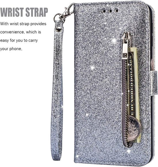 Sparkly Glitter Wallet Hoesje met Rits & Koord Geschikt voor: Samsung Galaxy A41 - Zilver