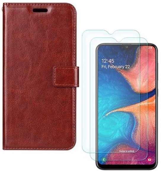 Samsung Galaxy A40 Hoesjes – Portemonnee Hoes – Pasjeshouder – 2x Gehard Glas Screenprotector – Bruin-Ilumina Benelux
