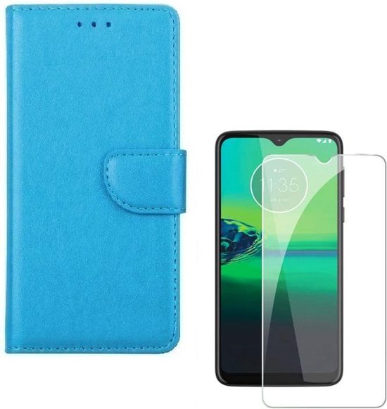 Backcover Hoesje Geschikt voor: Motorola Moto G8 Plus Portemonnee Turquoise met 2x Screenprotector