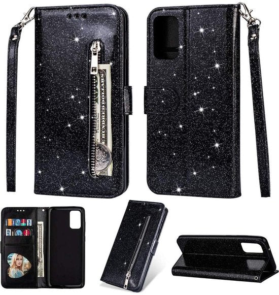 Samsung Galaxy M21 Hoesjes – Glitter Portemonnee Case – Rits & Koord – Pasjeshouder – Zwart