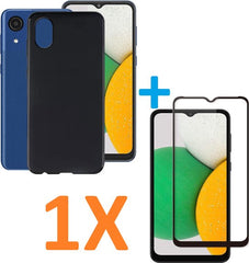 Silicone hoesje zwart met 1 Pack Full Screenprotector Glas Geschikt voor: Samsung Galaxy A03 Core