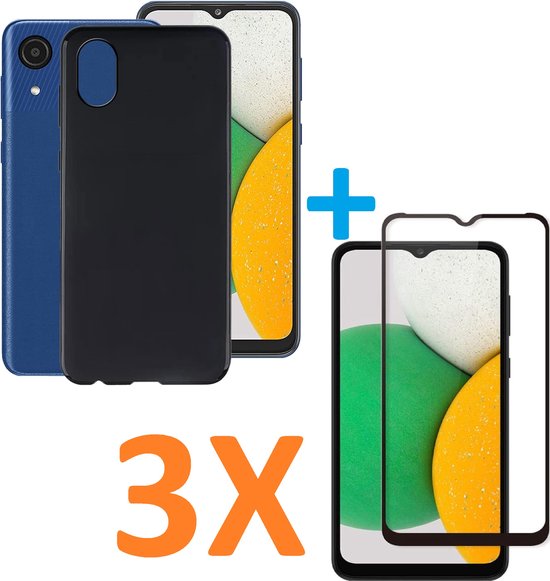 Samsung Galaxy A03 Core Hoesjes – Siliconen Backcover + 3x Screenprotector Gehard Glas – Anti-kras – Zwart-Ilumina Benelux