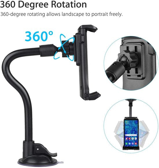 Telefoonhouder auto – 360° draaibaar – Lange arm zuignap voorruit/raam – Universeel 4-10.5 inch – Zwart-Tablethouder-Ilumina Benelux