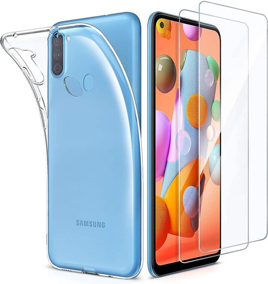 Silicone hoesje Transparant met 2 Pack Screenprotector Glas Geschikt voor: Samsung Galaxy M11