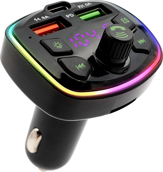 FM Transmitter Auto – Bluetooth 5.0 Carkit – Snellader USB-C & USB – SD Kaart – RGB Licht – Handsfree Bellen – Zwart-Ilumina Benelux