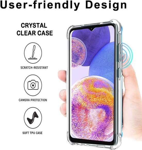 Samsung Galaxy A23 Hoesjes – Siliconen Backcover – Schokbestendig – 3 Pack Screenprotector Gehard Glas – Transparant-Ilumina Benelux