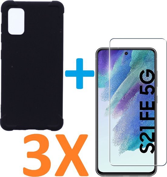 Samsung Galaxy S21 FE Hoesjes – Siliconen Backcover – Schokbestendig – 3 Pack Screenprotector Gehard Glas – Zwart-Ilumina Benelux
