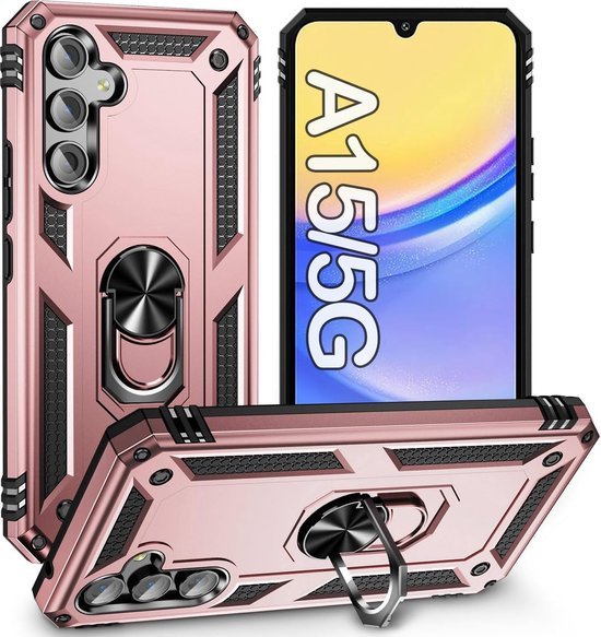 Samsung Galaxy A15 Hoesjes – Anti-Shock Hybride Ring Armor Backcover – Schokbestendig – Roségoud-Ilumina Benelux