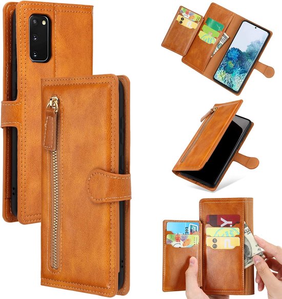 Samsung Galaxy A22 4G Hoesjes – Bookcase Portemonneehoes – Ritssluiting – 5 Pasjeshouder – Lichtbruin-Ilumina Benelux
