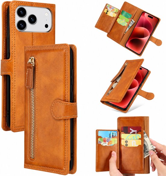 Bookcase Geschikt voor: Apple iPhone 17 Pro Max - Portemonnee hoesje met ritssluiting en magnetische sluiting -5 pasjes - Lichtbruin