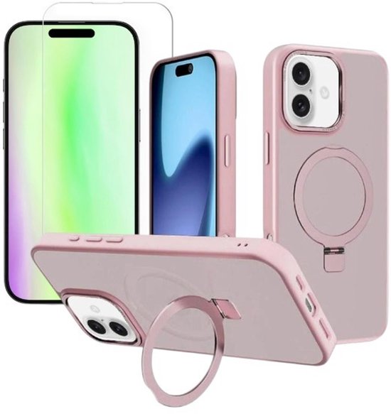 iPhone 17 Hoesjes – MagSafe Backcover met Standaard – Schokbestendig – 2x Screenprotector – Roze-Ilumina Benelux