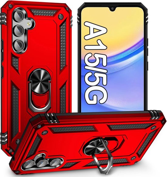 Samsung Galaxy A15 Hoesjes – Hybride Backcover met Ringhouder – Anti-Shock Schokbestendig – Rood-Ilumina Benelux