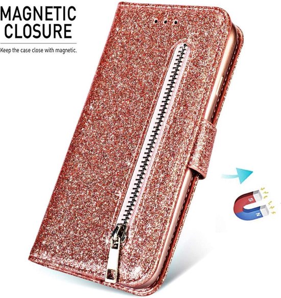 iPhone SE 2020/2022/7/8 Hoesjes – Glitter Portemonnee Case – Rits & Koord – Pasjeshouder – Roségoud-Ilumina Benelux