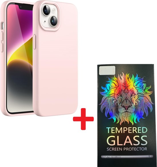 iPhone 14 Hoesjes – Liquid Siliconen Backcover + Screenprotector – Soft Touch – Schokbestendig – Lichtroze-Ilumina Benelux