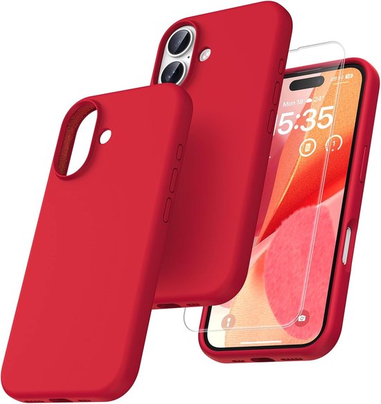 iPhone 16 Hoesjes – Liquid Siliconen Backcover – Screenprotector & Camera Lens Protector – Schokbestendig – Rood-Ilumina Benelux