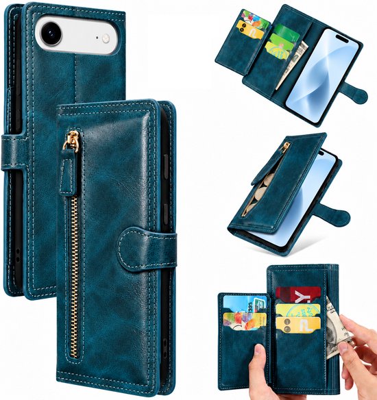 Bookcase Geschikt voor: Apple iPhone Air - Portemonnee hoesje met ritssluiting en magnetische sluiting -5 pasjes - Donkerblauw