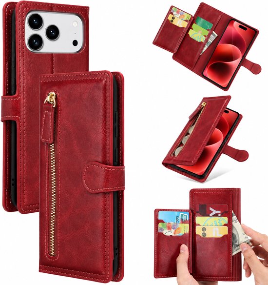 Bookcase Geschikt voor: Apple iPhone 17 Pro Max - Portemonnee hoesje met ritssluiting en magnetische sluiting -5 pasjes - Rood