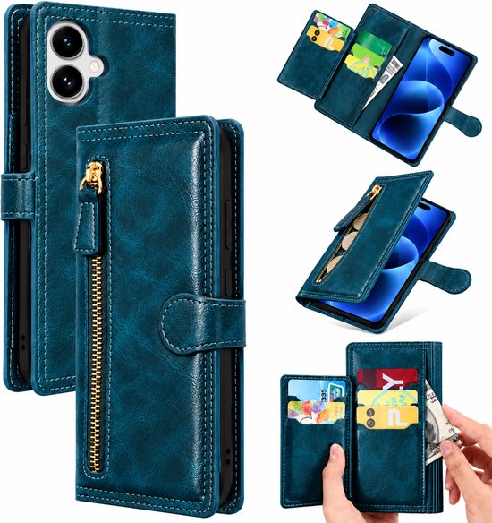 Bookcase Geschikt voor: Apple iPhone 17 - Portemonnee hoesje met ritssluiting en magnetische sluiting -5 pasjes - Donkerblauw