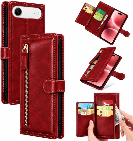 Bookcase Geschikt voor: Apple iPhone Air - Portemonnee hoesje met ritssluiting en magnetische sluiting -5 pasjes - Rood