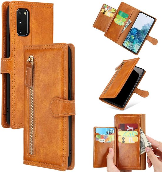Samsung Galaxy A72 Hoesjes – Bookcase Portemonnee – Ritssluiting – 5 Pasjeshouder – Lichtbruin