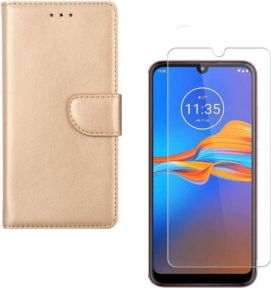 Motorola Moto E6S Hoesjes – Portemonnee Backcover – Magneetsluiting – 2x Screenprotector – Goud