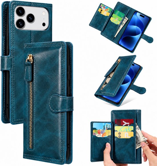 Bookcase Geschikt voor: Apple iPhone 17 Pro Max - Portemonnee hoesje met ritssluiting en magnetische sluiting -5 pasjes - Donkerblauw