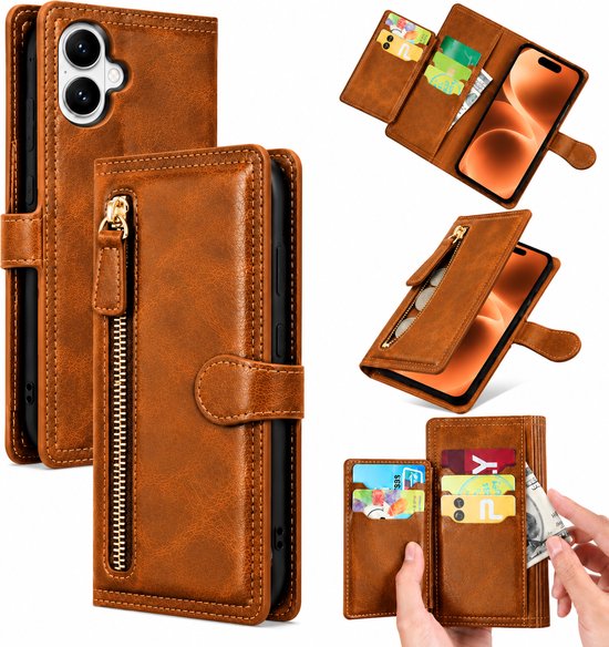 Bookcase Geschikt voor: Apple iPhone 17 - Portemonnee hoesje met ritssluiting en magnetische sluiting -5 pasjes - Lichtbruin