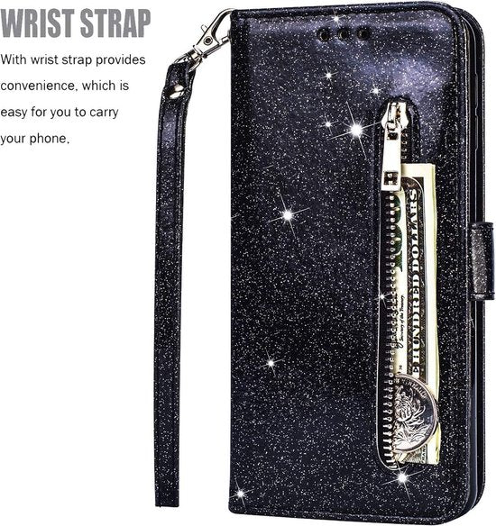 Samsung Galaxy Note 10 Lite Hoesjes – Glitter Portemonneehoes met Rits & Koord – Pasjeshouder – Zwart