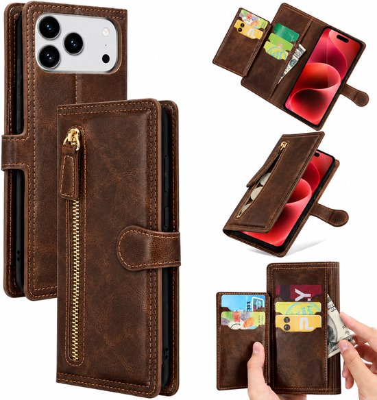 Bookcase Geschikt voor: Apple iPhone 17 Pro - Portemonnee hoesje met ritssluiting en magnetische sluiting -5 pasjes - Donkerbruin