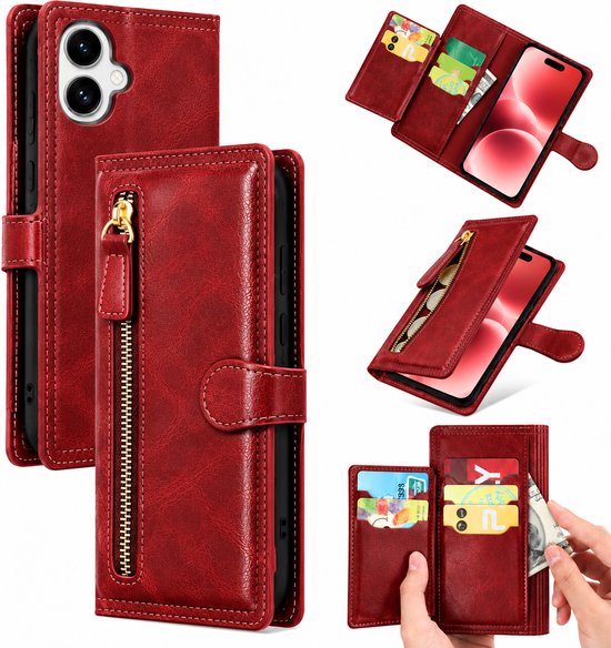 Bookcase Geschikt voor: Apple iPhone 17 - Portemonnee hoesje met ritssluiting en magnetische sluiting -5 pasjes - Rood