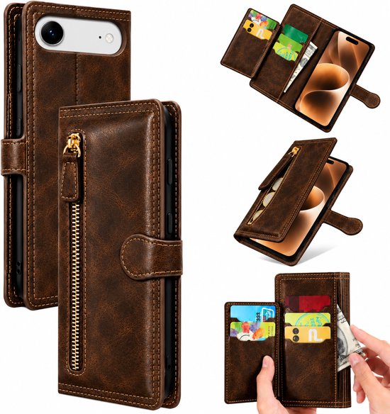 Bookcase Geschikt voor: Apple iPhone Air - Portemonnee hoesje met ritssluiting en magnetische sluiting -5 pasjes - Donkerbruin